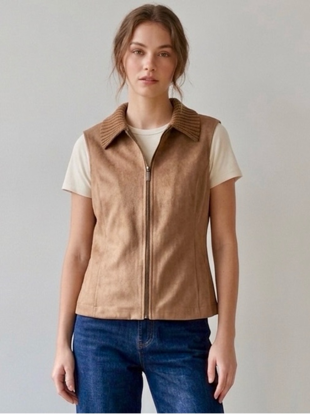 Vintage Jennifer Moore Vest Large Tan Faux Suede Vtg Y2K Boho Gorpcore Western